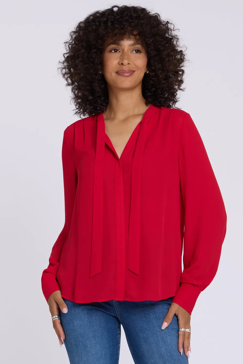 NYDJ Tie-Neck Bluse Passion Rot Schleife Langarm