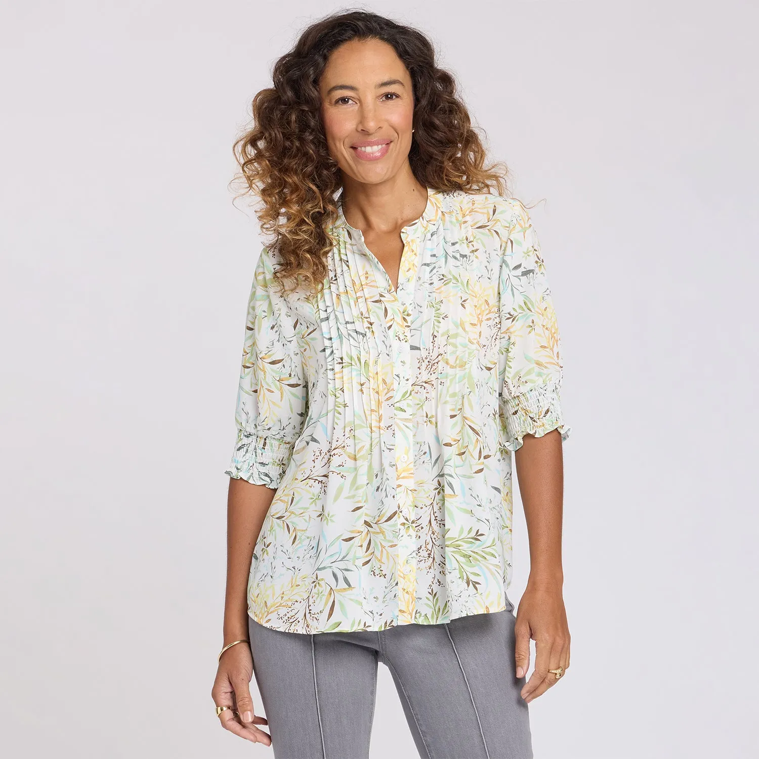 NYDJ Plissee Bluse kurzarm Chateau Jardin Gelb