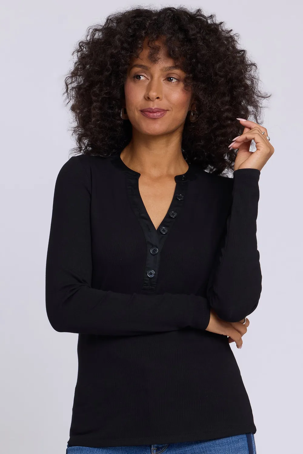 NYDJ Emery Ribbed Henley Strickshirt Schwarz Viskose