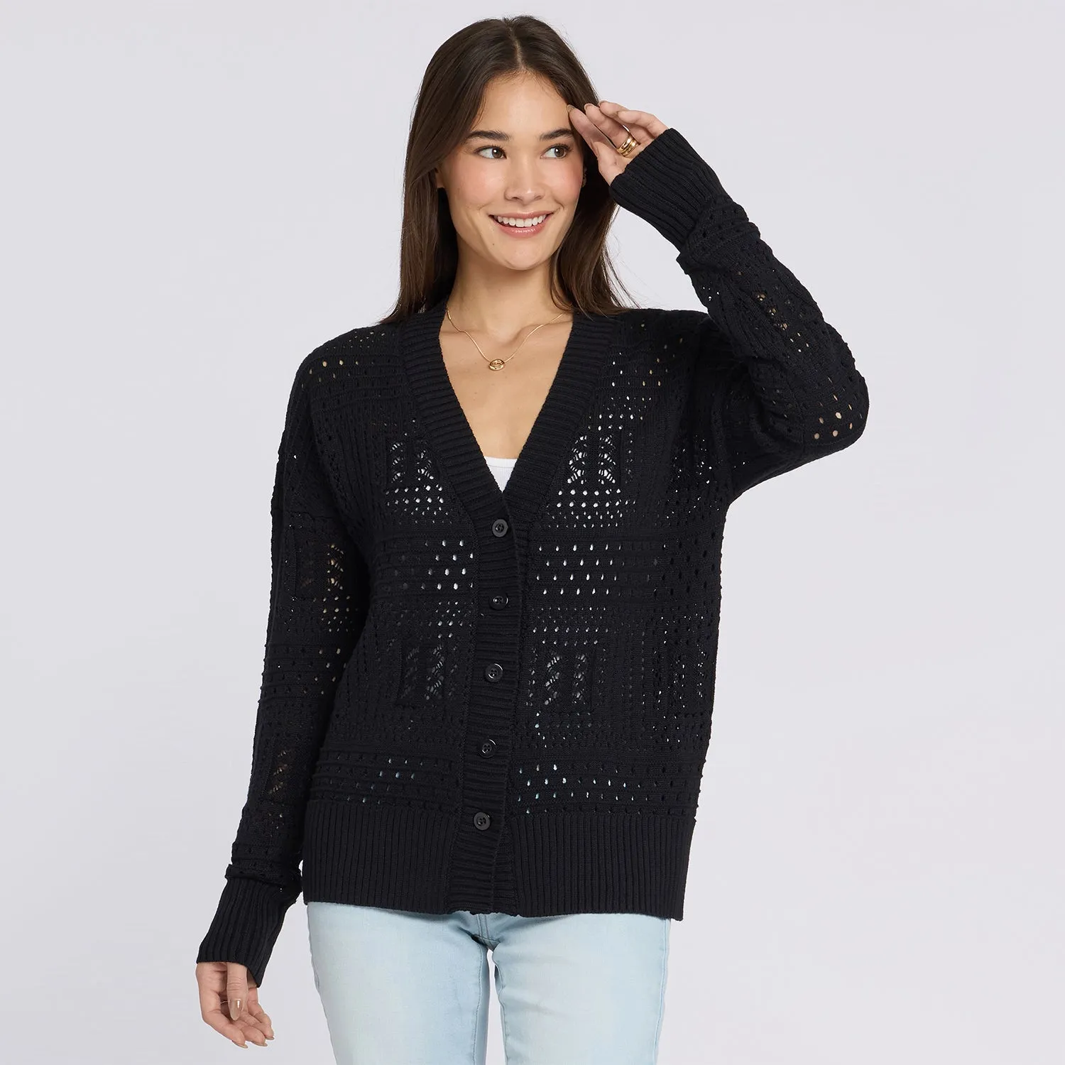 NYDJ Pointelle Cardigan Strickjacke Schwarz Lochstrick