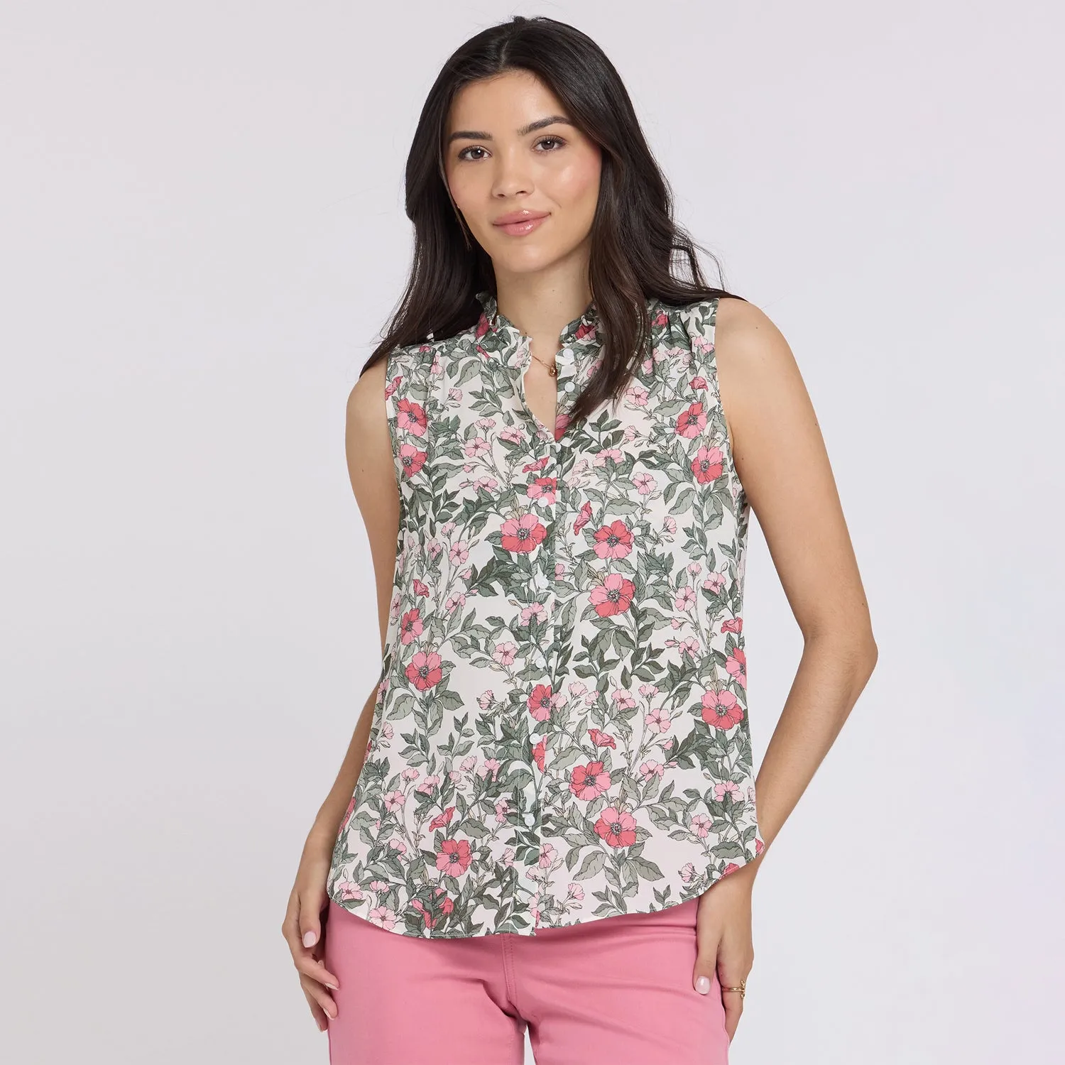NYDJ Sleeveless Ruffle Neck Bluse Primrose Garden floral