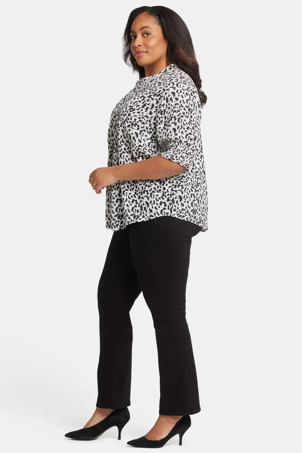 NYDJ Pleated Peasant Blouse In Plus Size Gato Bluse Schwarz Falten