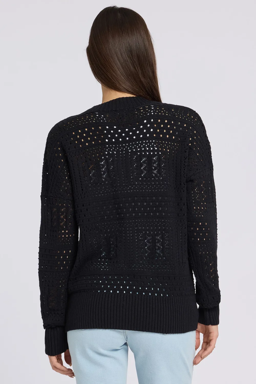 NYDJ Pointelle Cardigan Strickjacke Schwarz Lochstrick