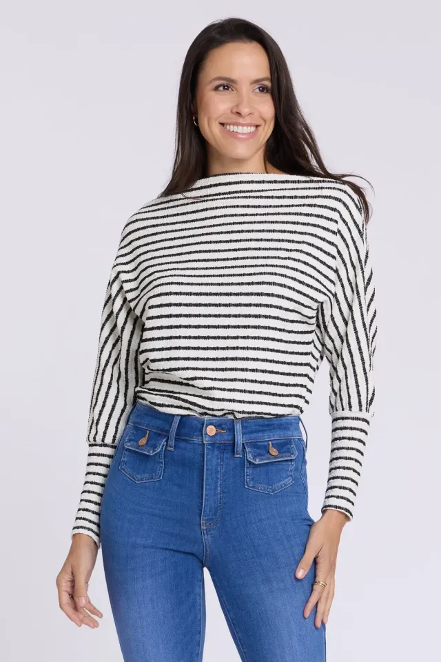Gibsonlook Slouchy Open Neck Stricktop Natural Black Stripe