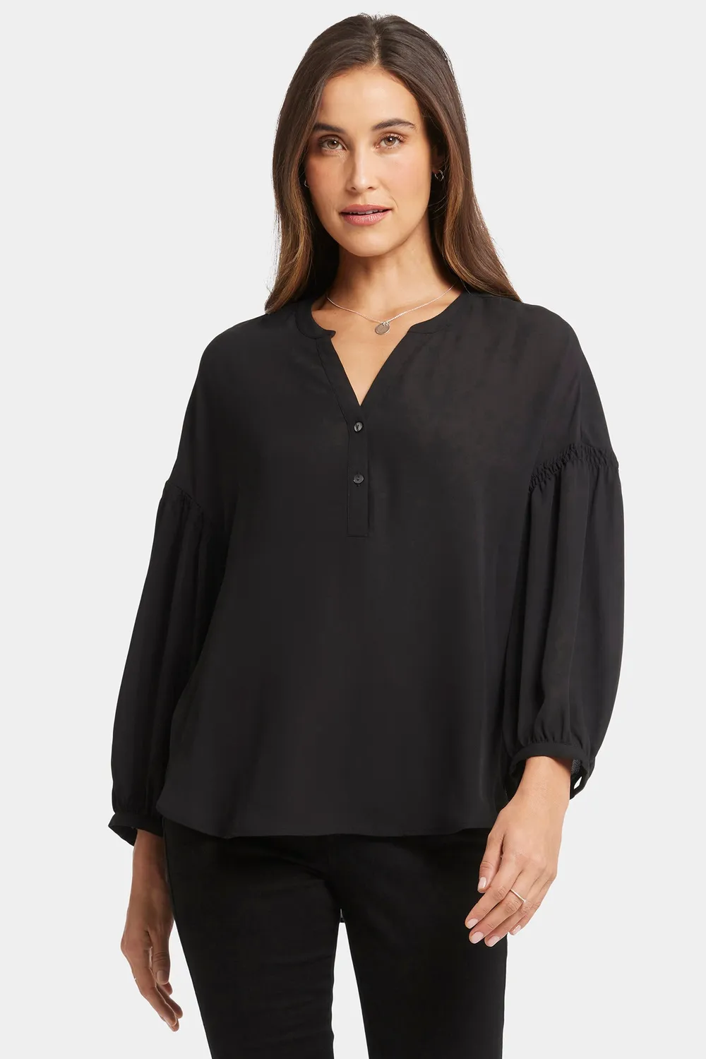NYDJ Paulina Peasant Bluse Schwarz Knopfleiste