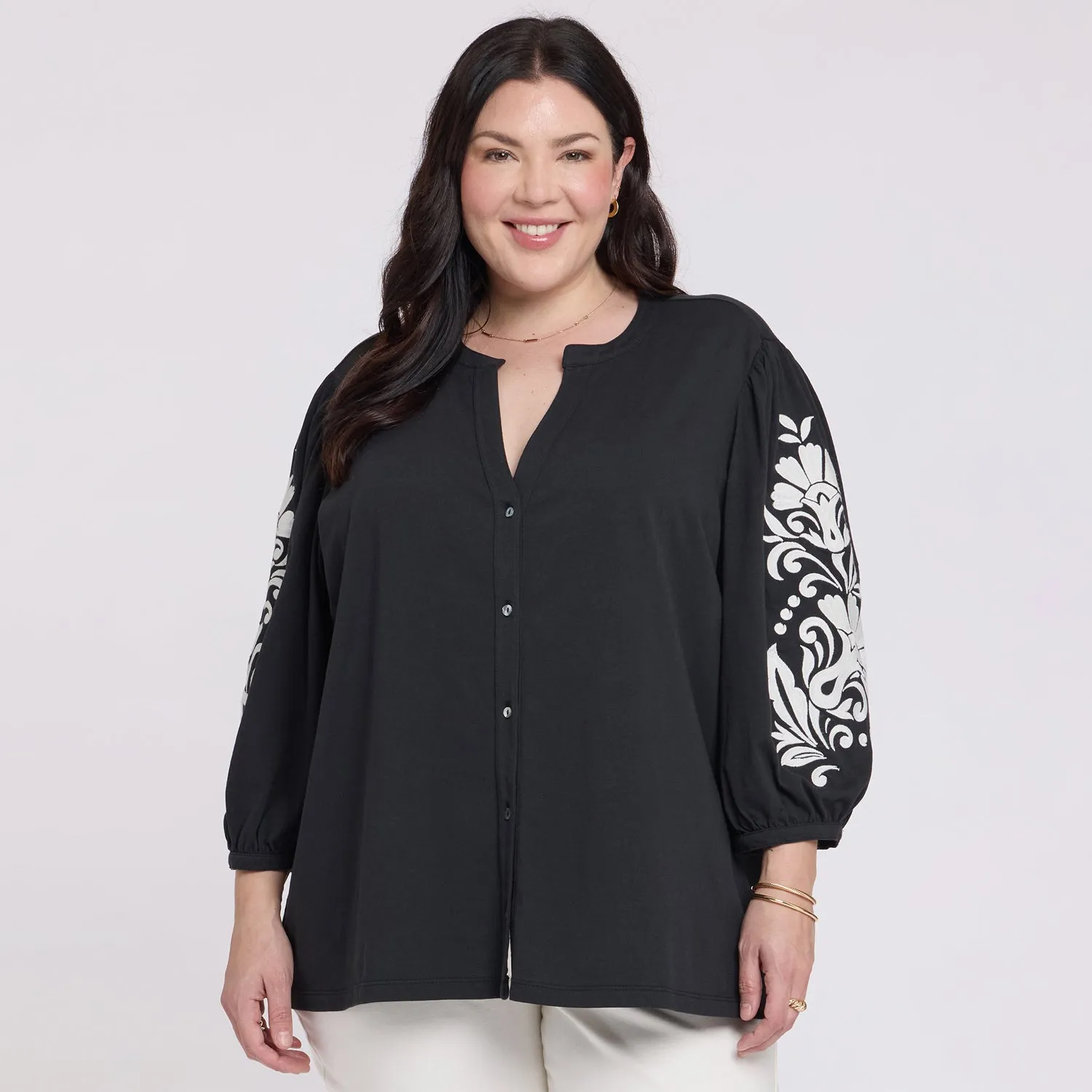 NYDJ Embroidered Knit Bluse Black Ivory Baumwolle