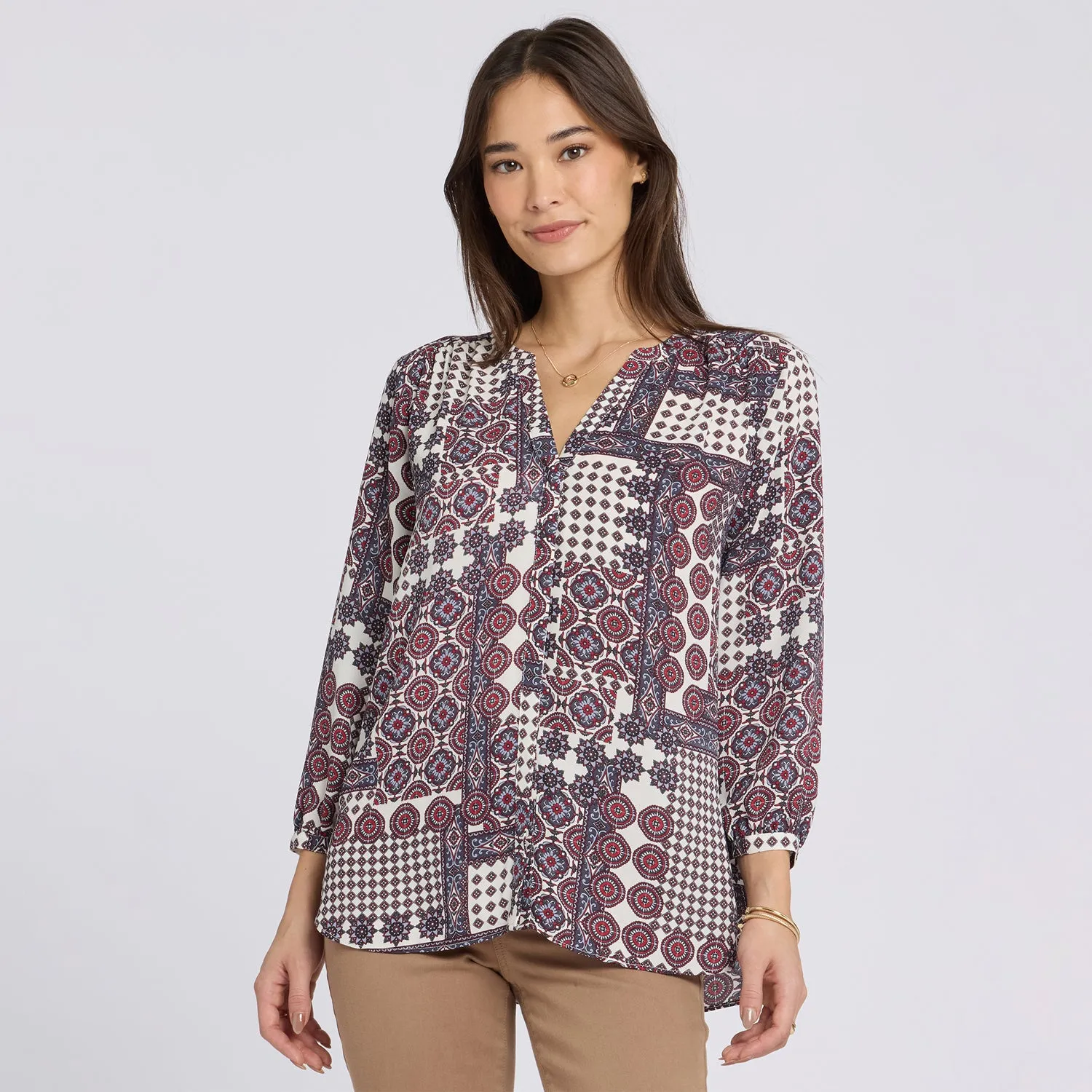 NYDJ Pintuck Bluse Vintage Patchwork 3/4-Arm recycelt