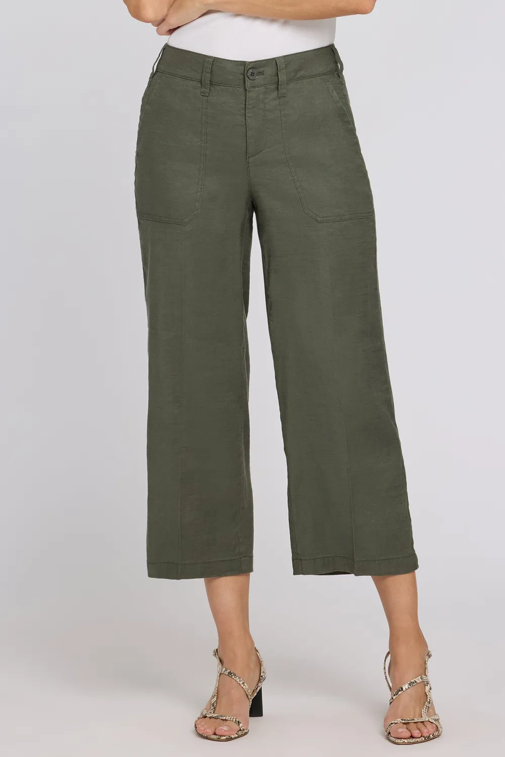 NYDJ Wide Leg Cargo Capri Petite Hose Desert Green Leinen