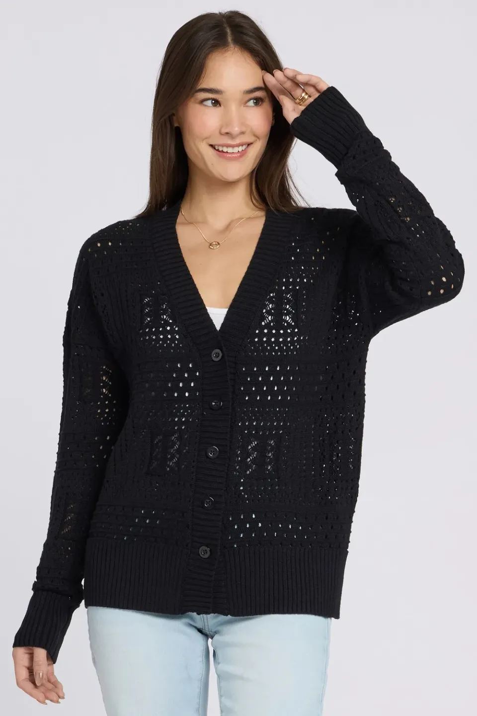 NYDJ Pointelle Cardigan Strickjacke Schwarz Lochstrick
