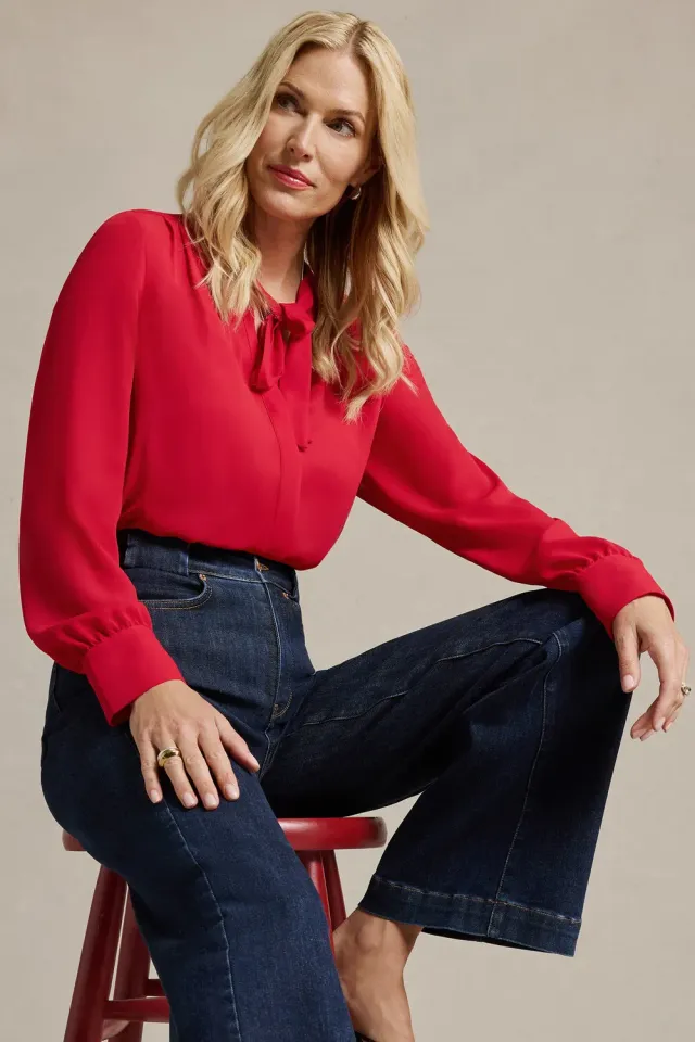 NYDJ Tie-Neck Bluse Passion Rot Schleife Langarm