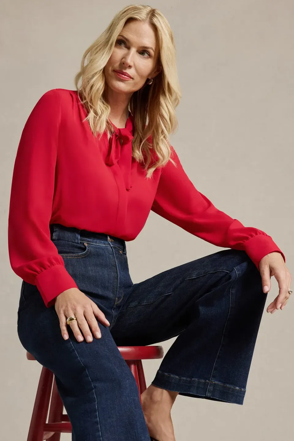 NYDJ Tie-Neck Bluse Passion Rot Schleife Langarm