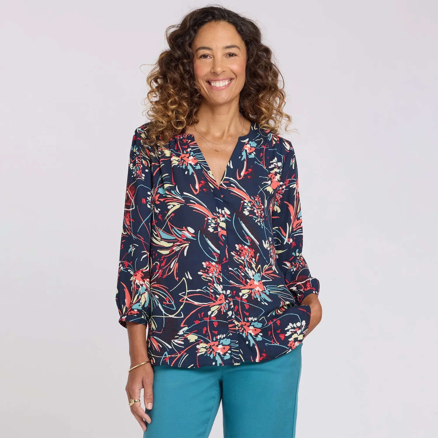 NYDJ Pintuck Bluse Blooming Potpourri Blau-Multi 3/4 Arm