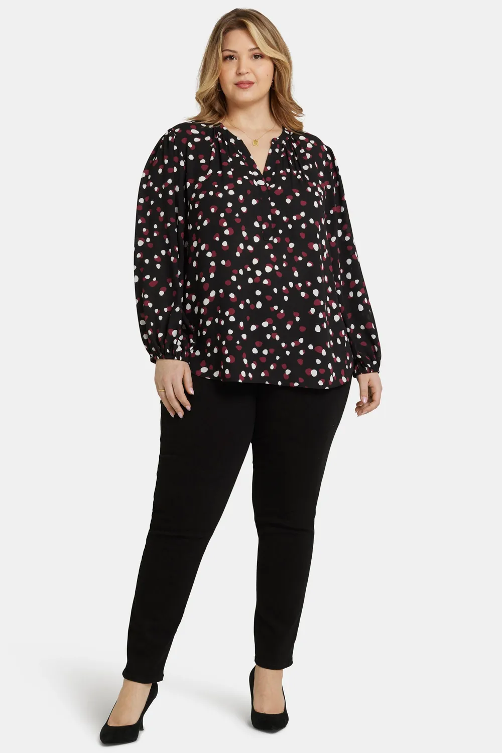 NYDJ Puff Sleeve Popover Top Watkins Dot Plus schwarz