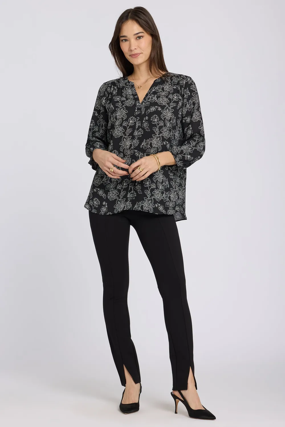 NYDJ Pintuck Bluse Floralesque XXS Blumendruck