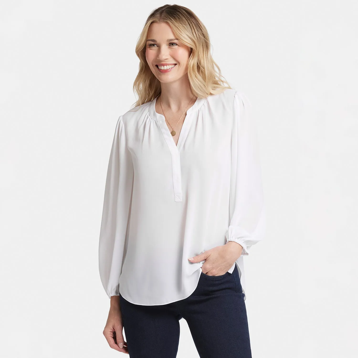 NYDJ Puff Sleeve Popover Bluse Optic White Georgette