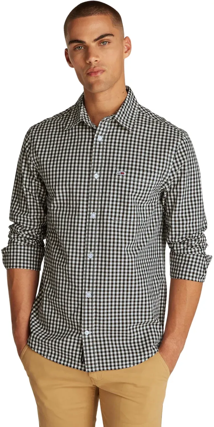 Tommy Jeans Poplin Check Herrenhemd XS Schwarz Karo