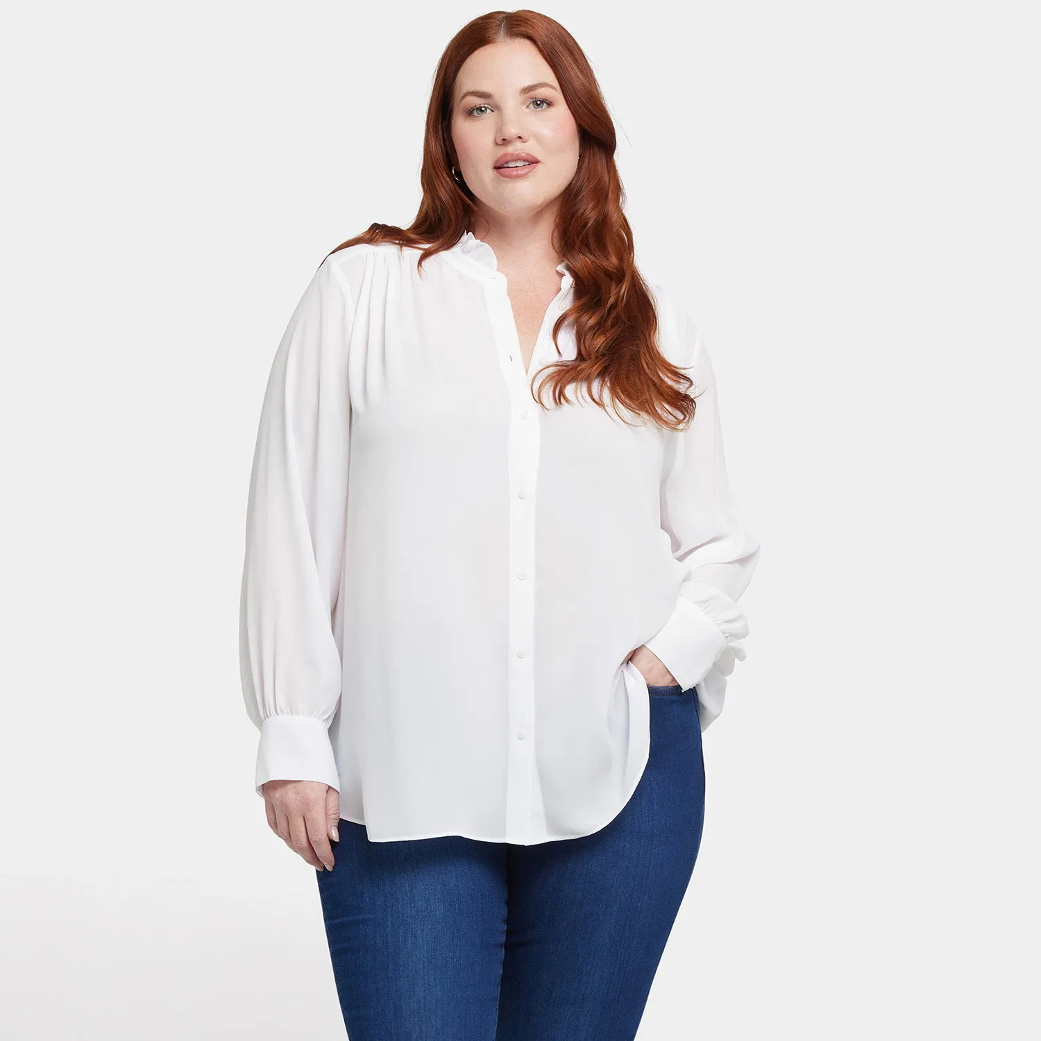 NYDJ Ruffle Neck Bluse Optic White Plus Rüschen