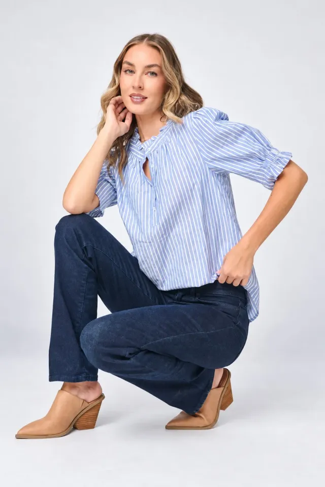 Gibsonlook Dianthus Henley Bluse French Blue Stripe