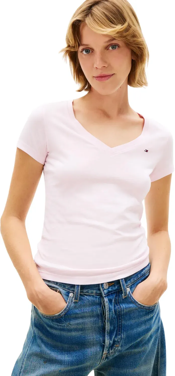 Tommy Jeans 2er Pack Damen T-Shirt V-Ausschnitt Ecru Rosa