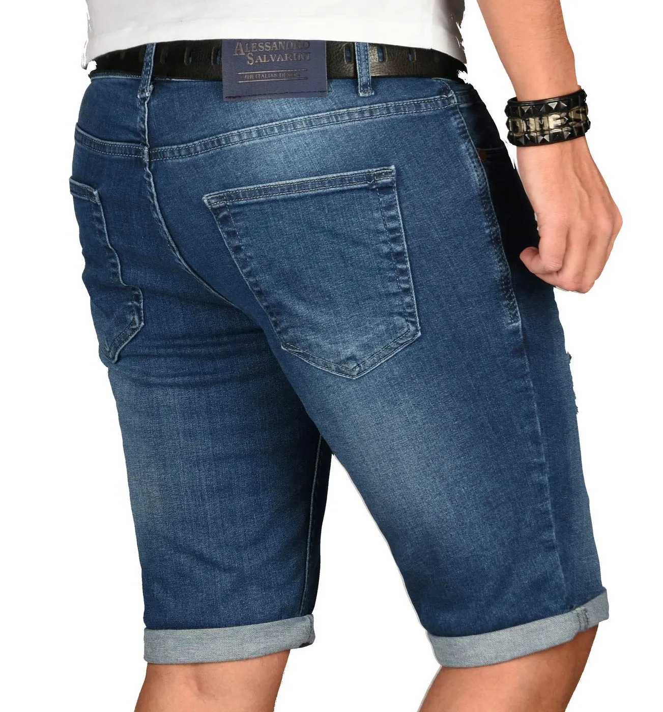 Alessandro Salvarini Herren Jeansshorts Slim Schwarz Used 30W Sommer