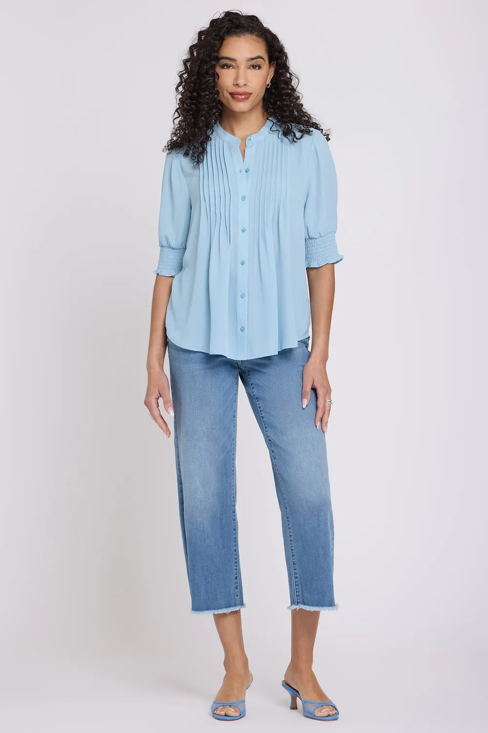 NYDJ Pleated Kurzarm-Bluse Starlight Blau plissiert