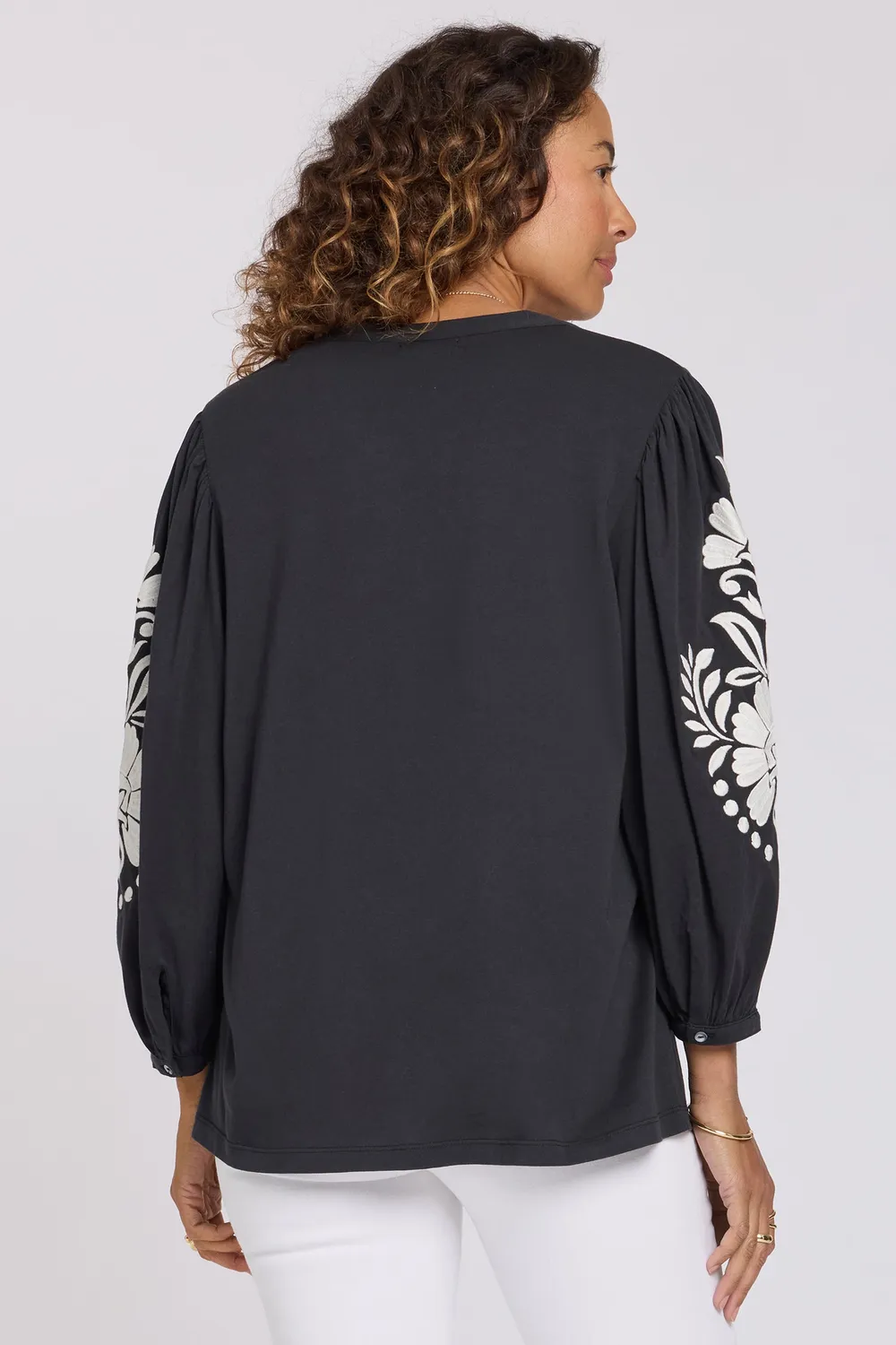 NYDJ Embroidered Knit Bluse Black Ivory Baumwolle