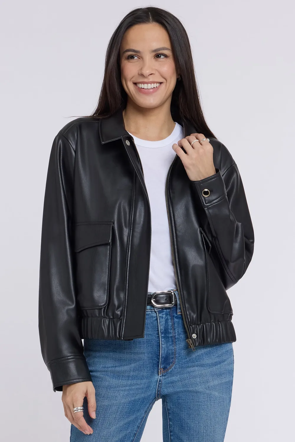 NYDJ Faux Leather Baseball Jacke Schwarz Stretch