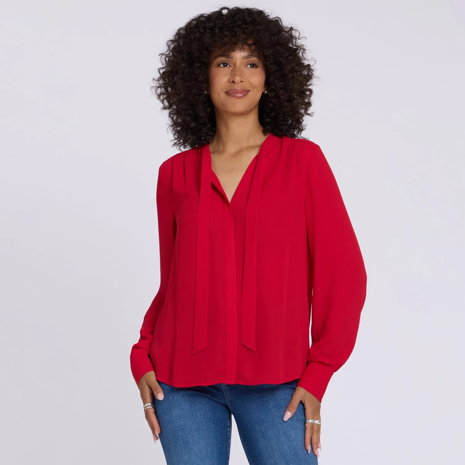 NYDJ Tie-Neck Bluse Passion Rot Schleife Langarm