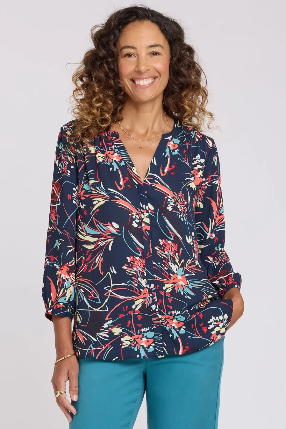 NYDJ Pintuck Bluse Blooming Potpourri Blau-Multi 3/4 Arm