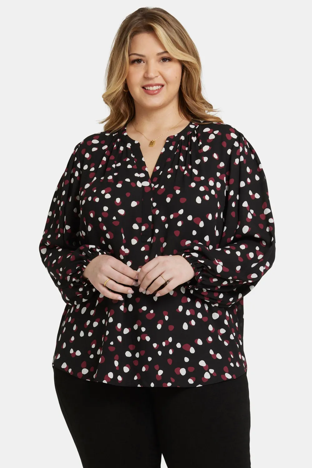 NYDJ Puff Sleeve Popover Top Watkins Dot Plus schwarz