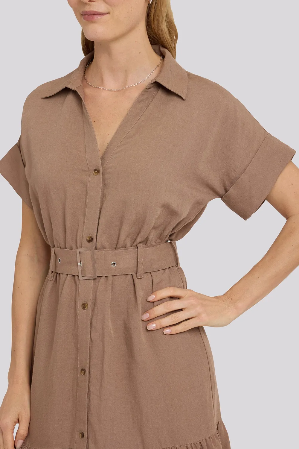 NYDJ Belted Tiered Shirtdress Kleid Toasted Coconut