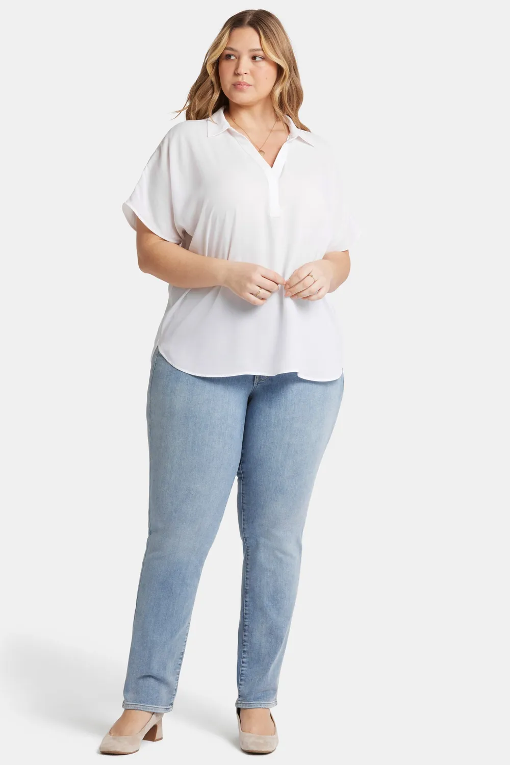NYDJ Becky Kurzarm Bluse Optic White Plus Size Nachhaltig