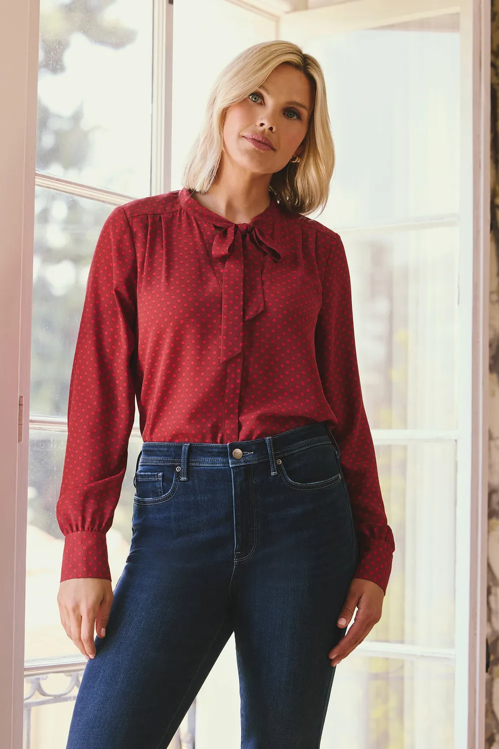 NYDJ Tie-Neck Bluse Claret Dots
