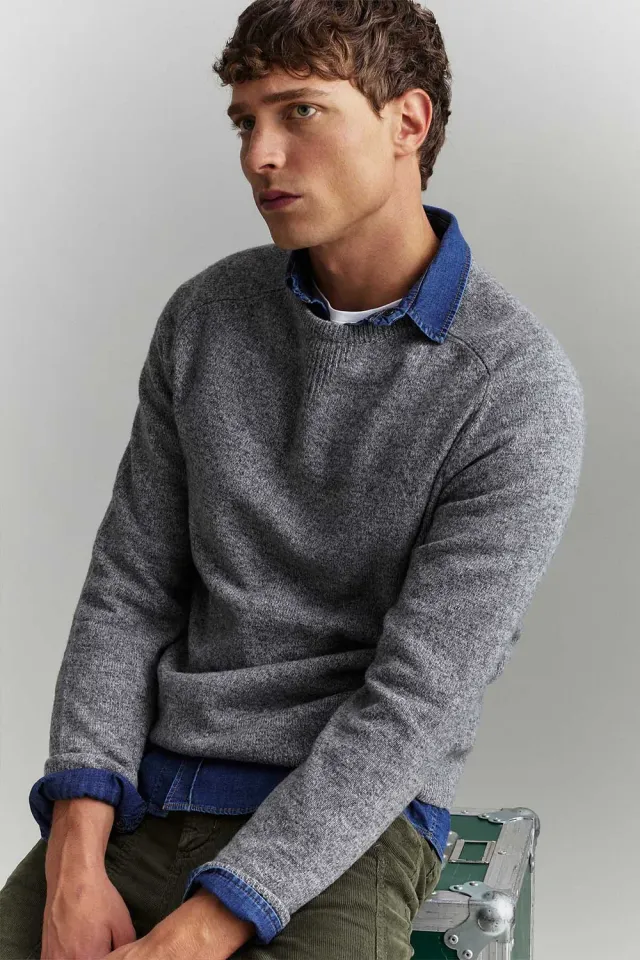 Jeckerson Raglan Wollpullover grau meliert Stretch