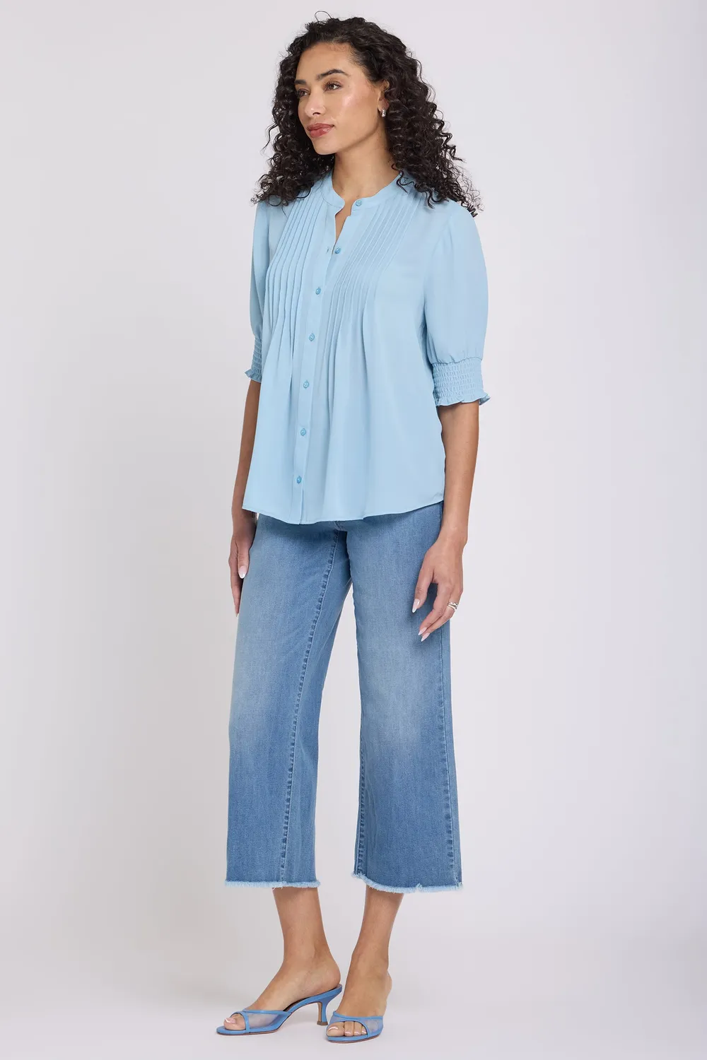 NYDJ Pleated Kurzarm-Bluse Starlight Blau plissiert