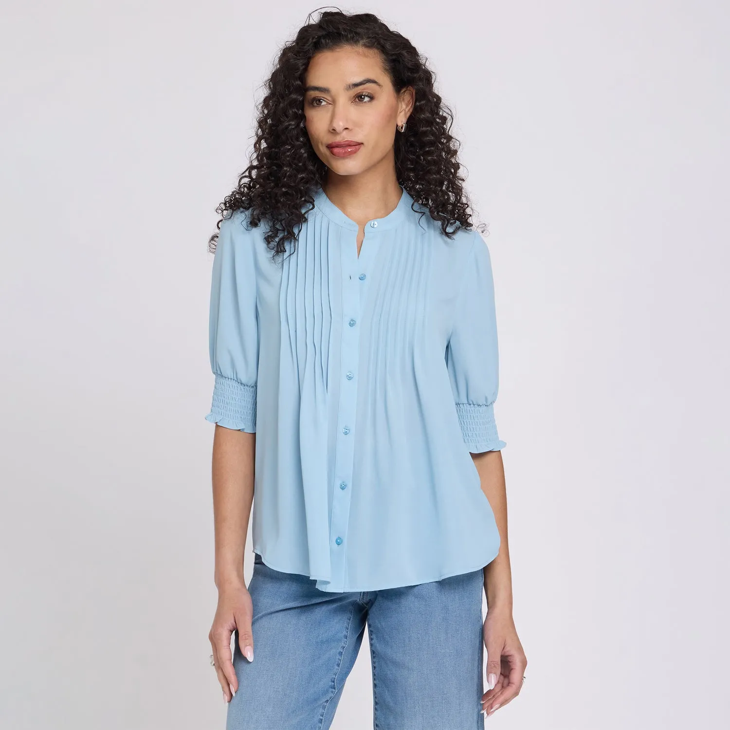 NYDJ Pleated Kurzarm-Bluse Starlight Blau plissiert
