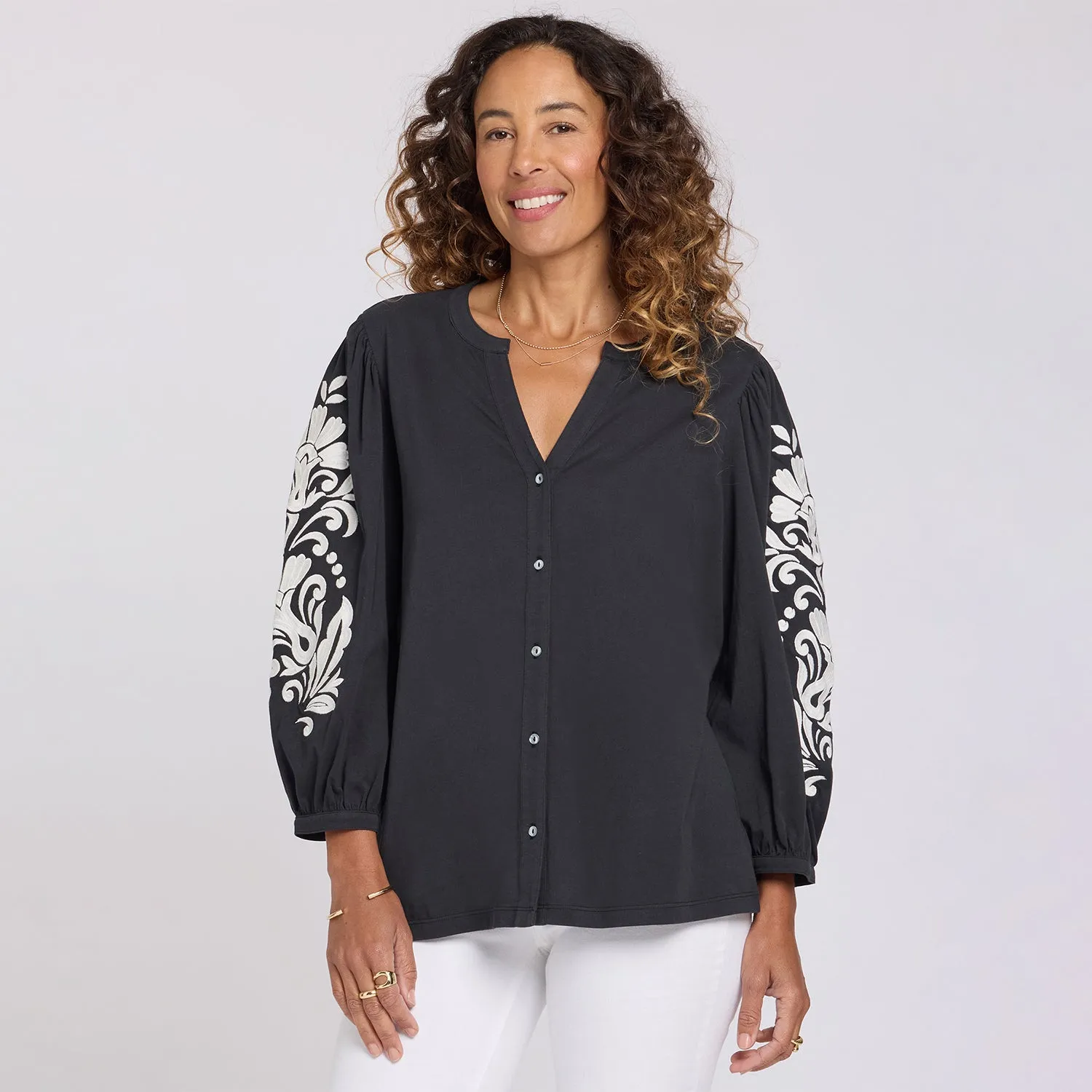 NYDJ Embroidered Knit Bluse Black Ivory Baumwolle
