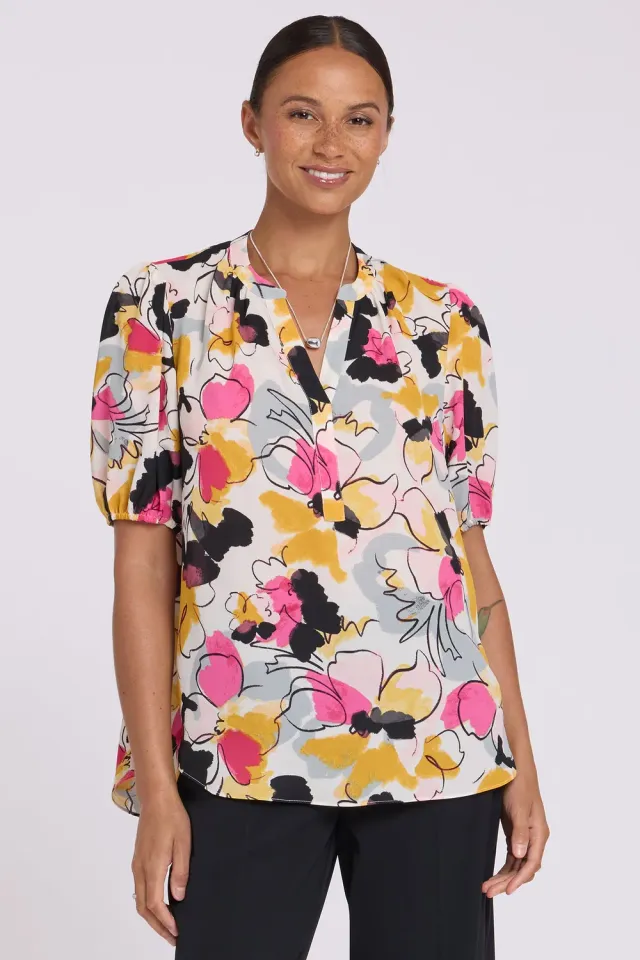 NYDJ Popover Bluse Puffärmel Floral Ballet Kurzarm