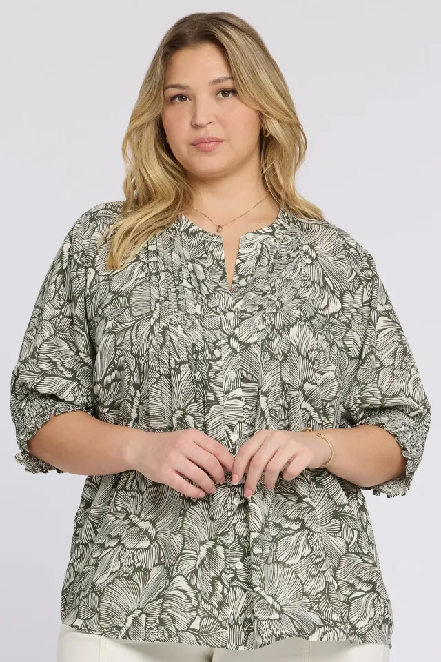 NYDJ Pleated Short Sleeved Bluse Leafy Rose Plus-Size