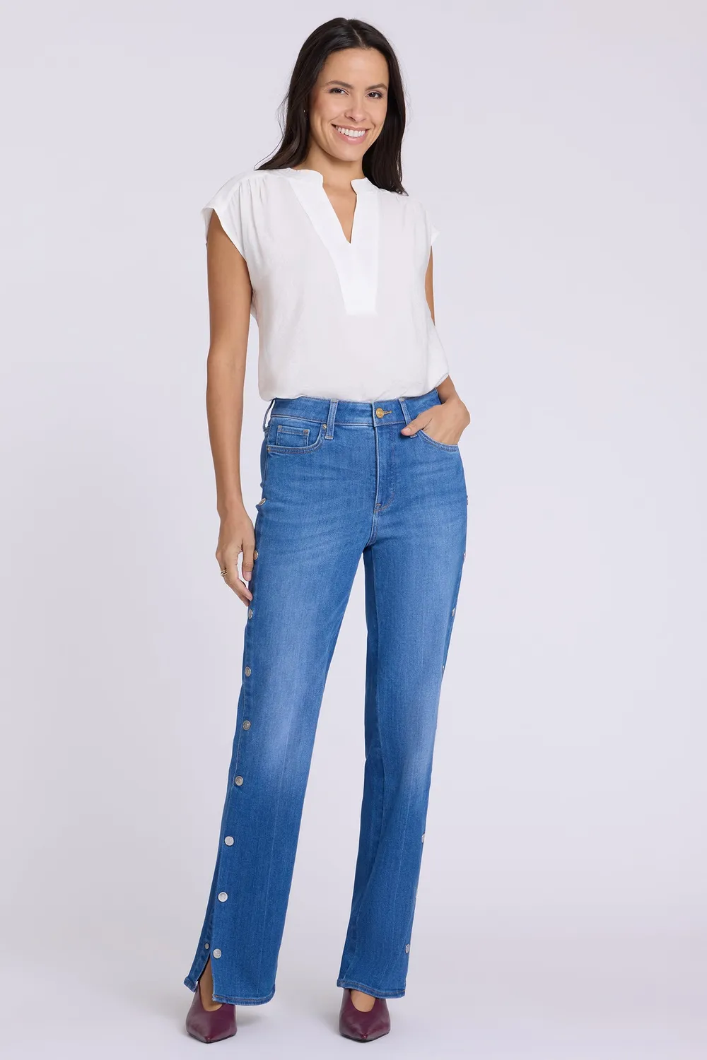 Gibsonlook Notch Neck Bluse Weiß Cap Sleeve Webstoff