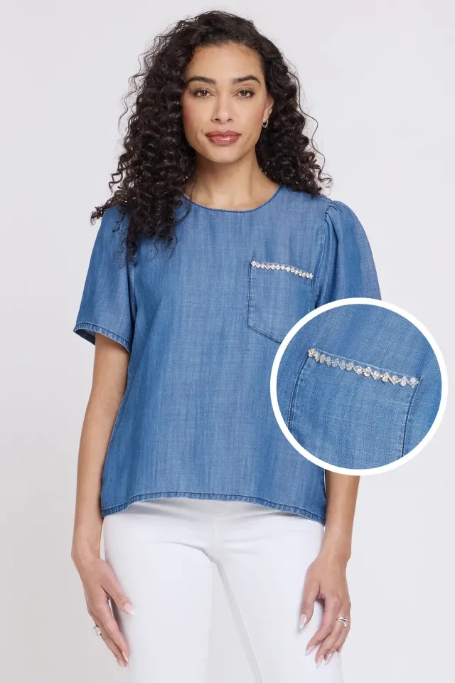 NYDJ Puff Sleeved Tee T-Shirt Medium Indigo Lyocell