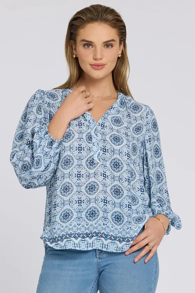 NYDJ Puff Sleeved Popover Bluse Azure Sky Georgette