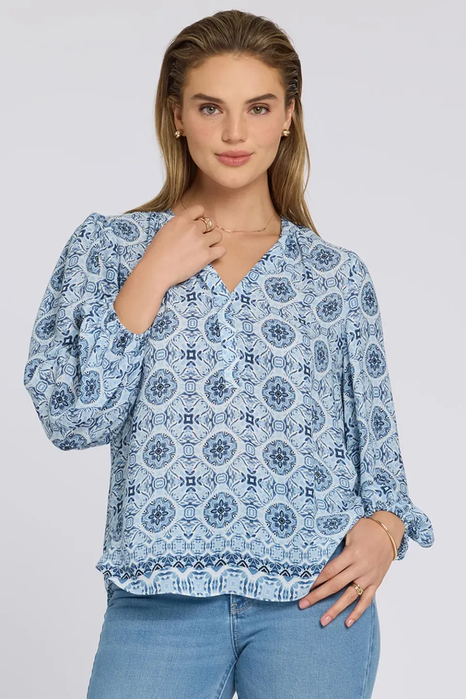 NYDJ Puff Sleeved Popover Bluse Azure Sky Georgette