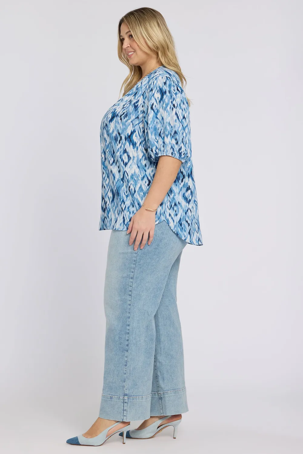 NYDJ Short Puff Sleeved Popover Top Bluse Blue Visions Plus