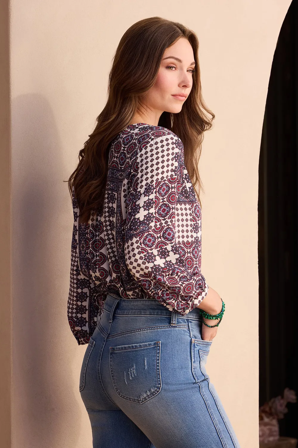 NYDJ Pintuck Bluse Vintage Patchwork 3/4-Arm recycelt