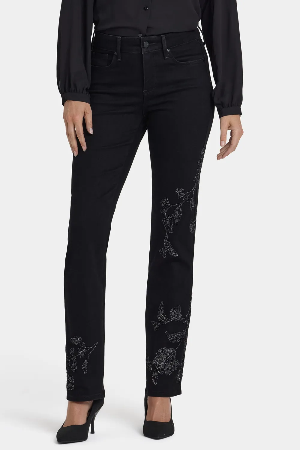 NYDJ Marilyn Straight Jeans Petite Schwarz bestickt