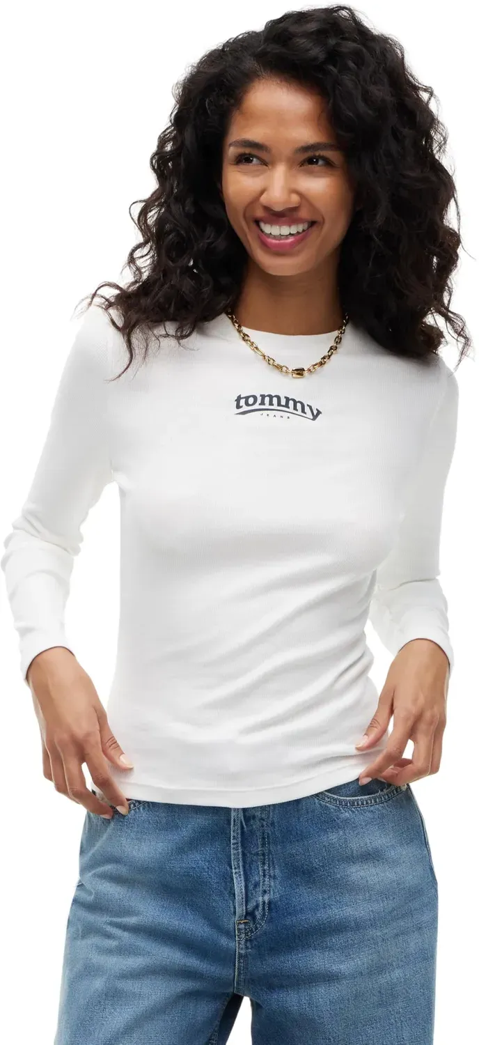 Tommy Jeans Slim ESS Logo Langarmshirt Weiß Ecru