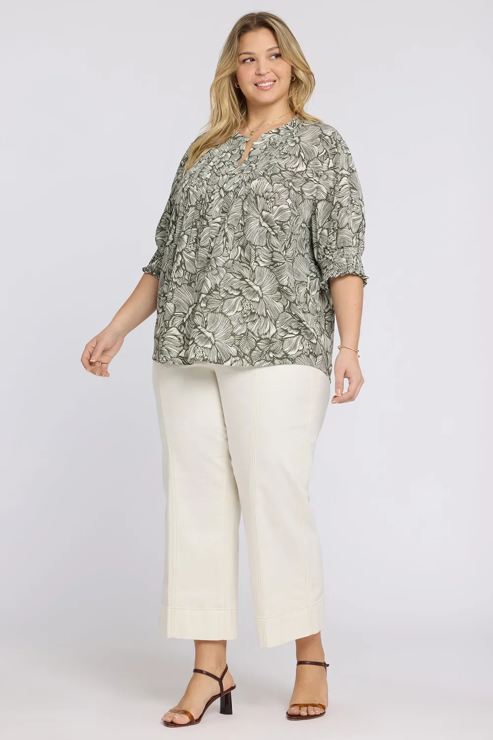 NYDJ Pleated Short Sleeved Bluse Leafy Rose Plus-Size