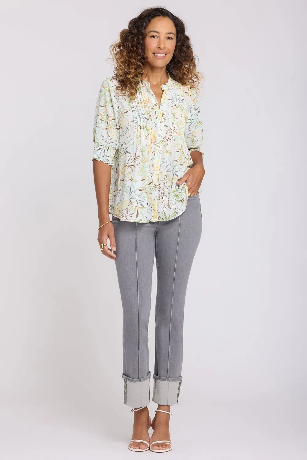 NYDJ Plissee Bluse kurzarm Chateau Jardin Gelb