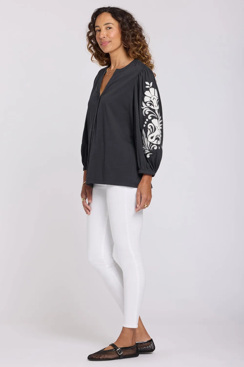 NYDJ Embroidered Knit Bluse Black Ivory Baumwolle
